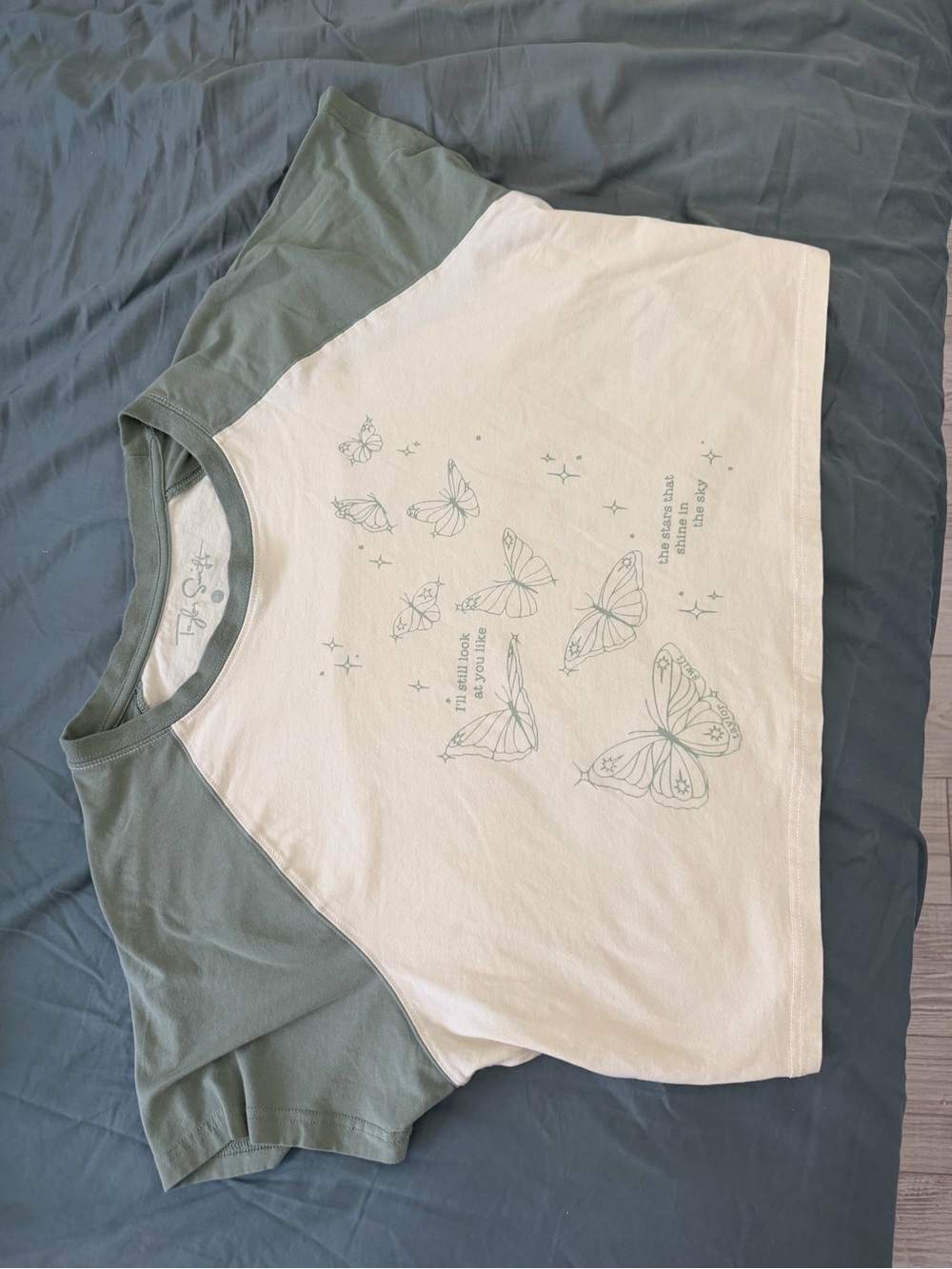 Taylor Swift White Tee with Sage Green Raglan Sleeves & Butterfly Print